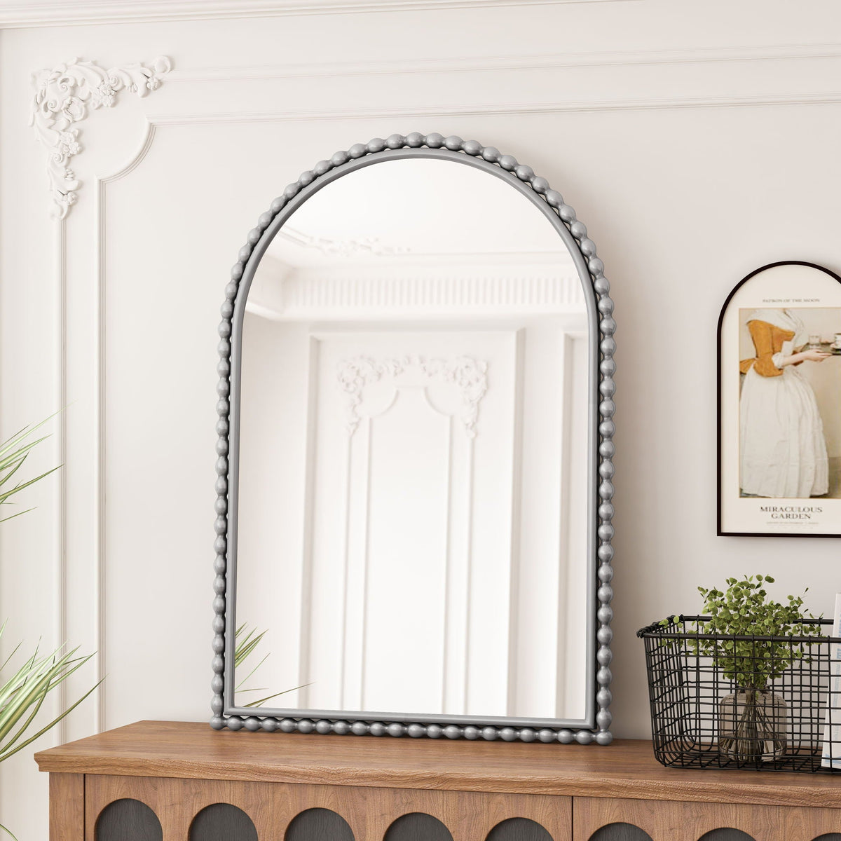 Vintage Iron Art Arch Mirror with Table & Wall Display Options - Gold or Pearl Silver