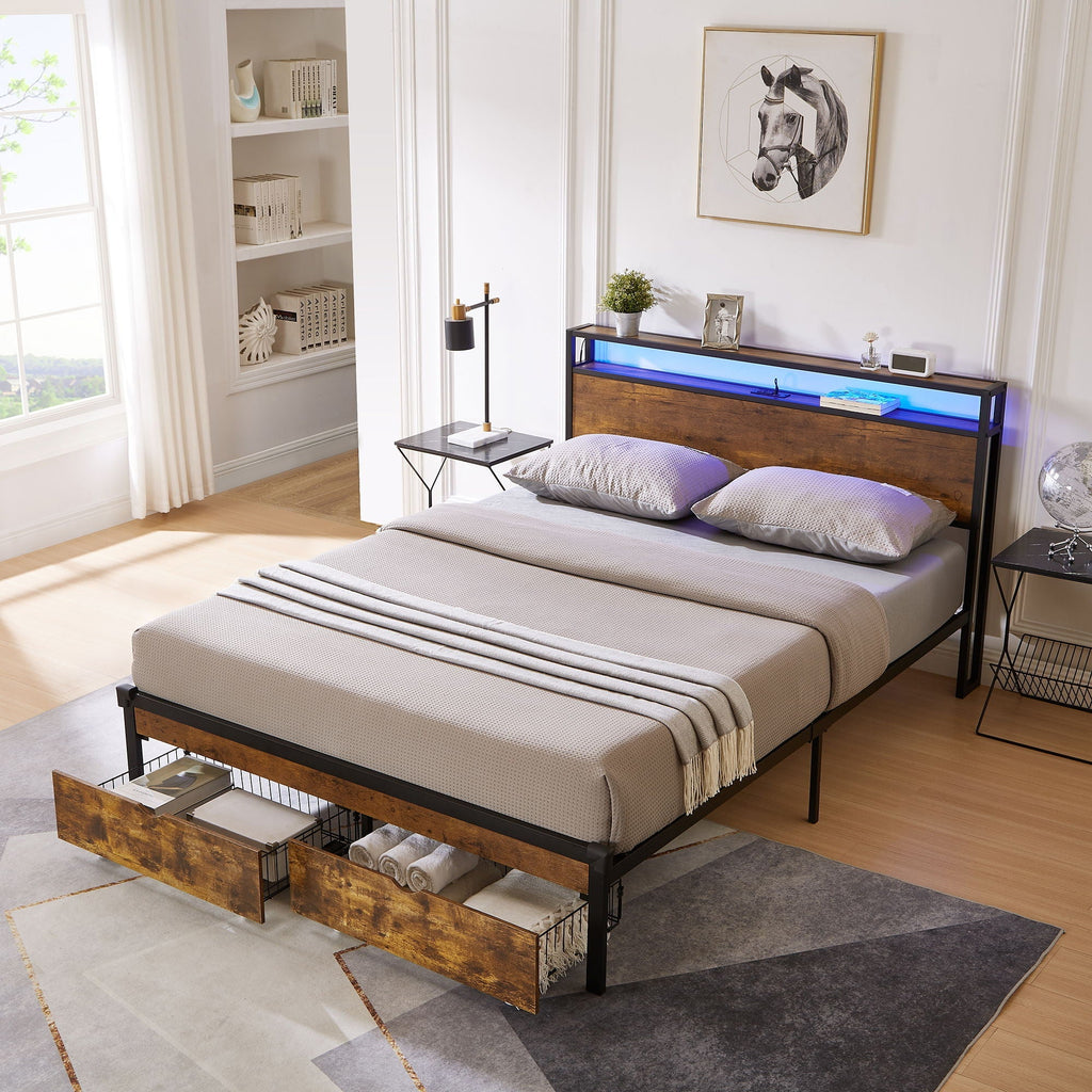 Modern Metal Platform Storage Bed with USB, LED Lights & Drawers - Black