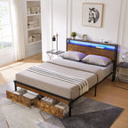 Modern Metal Platform Storage Bed with USB, LED Lights & Drawers - Black