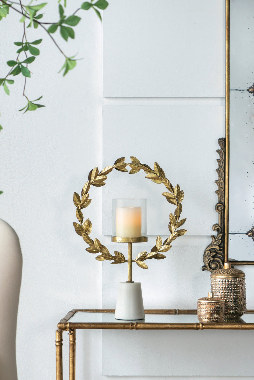 Iron Floral Hurricane Table Lamp with Marble Base - Gold & White