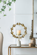 Iron Floral Hurricane Table Lamp with Marble Base - Gold & White