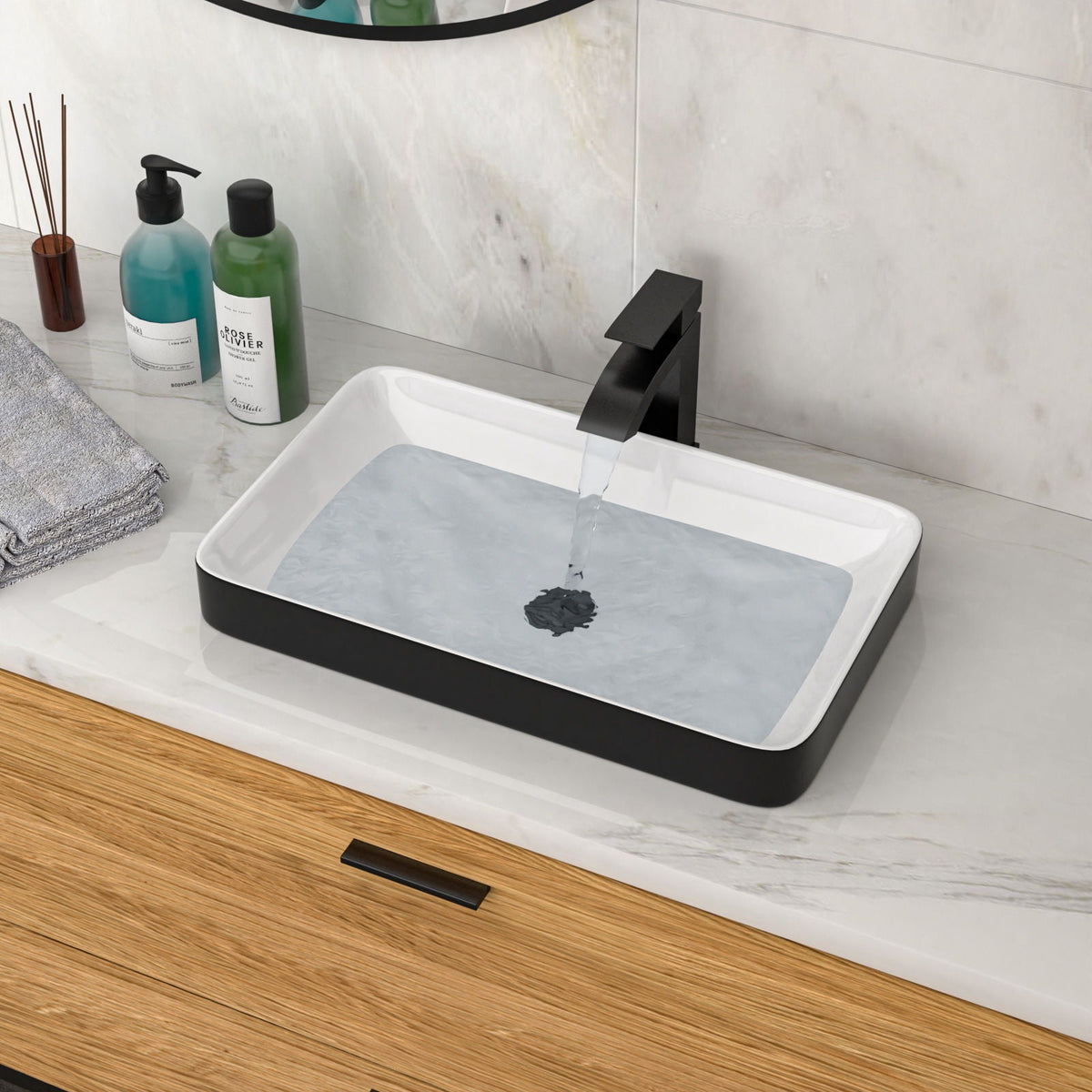 Semi Recessed Bathroom Sink with Vessel Design - Durable Glazed, White / Black