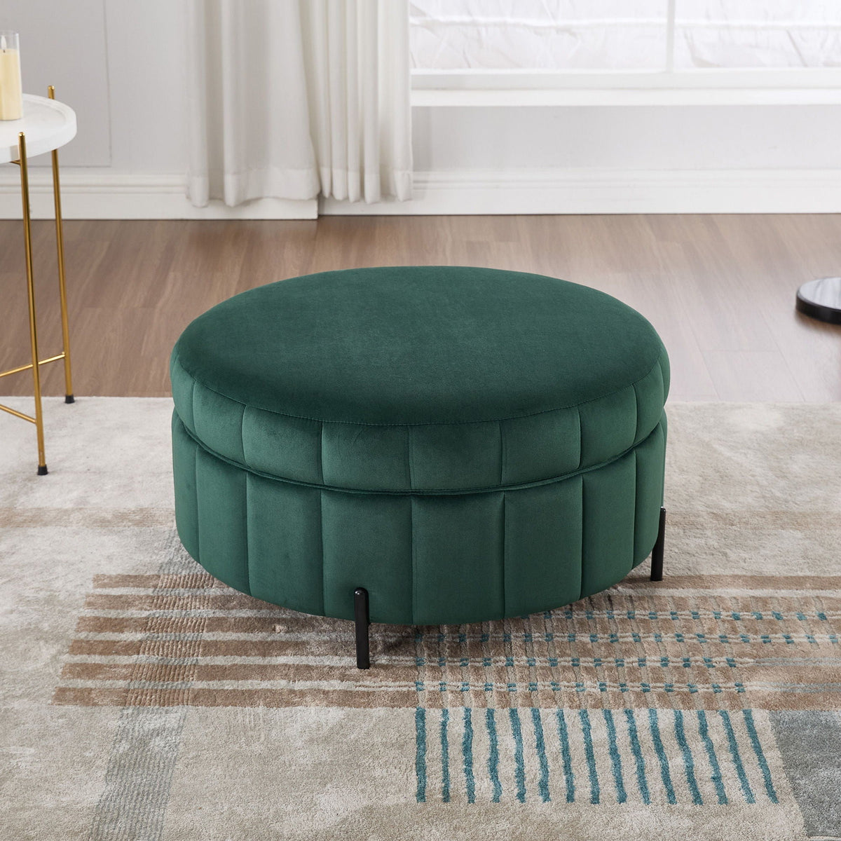 Upholstered Storage Ottoman with Reversible Lid - Channel Tufted Pumpkin Shape