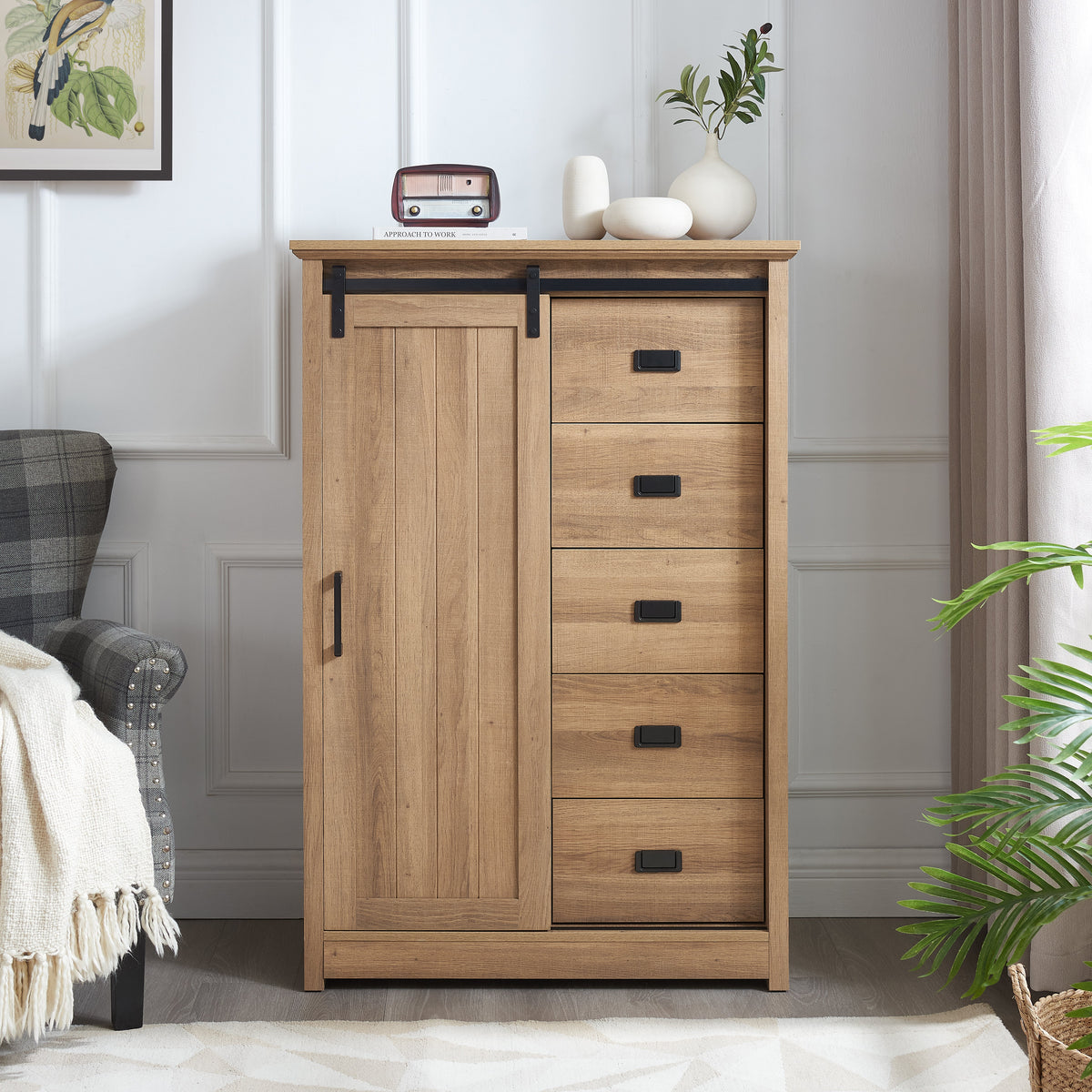 5 Drawers Dresser with Sliding Barn Door
