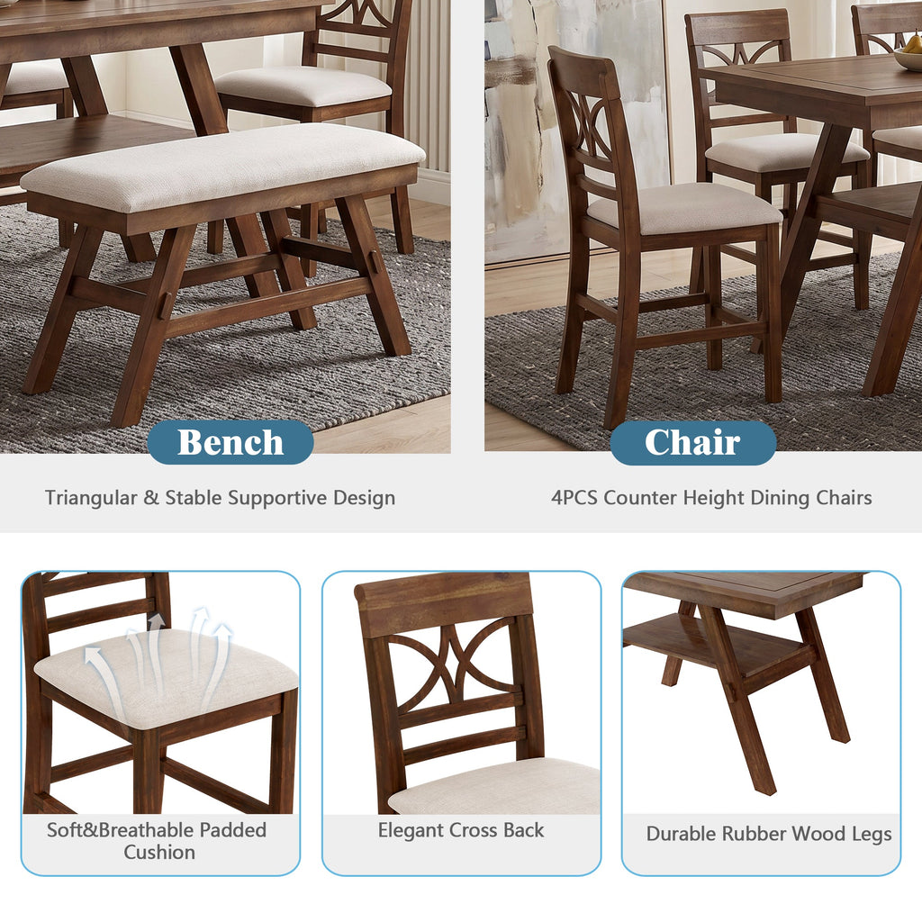 Counter Height 6-Piece Wood Dining Set with Storage Shelf - Walnut