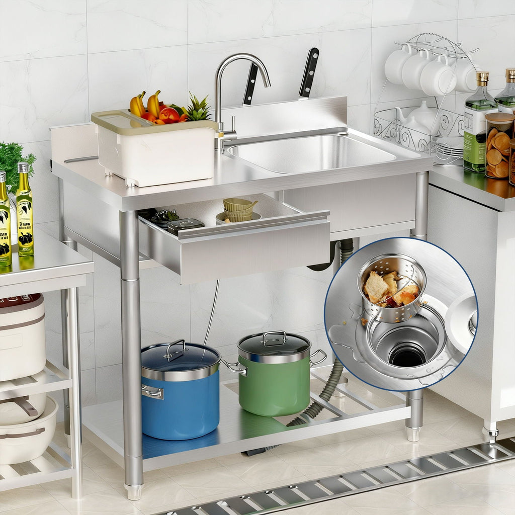 Stainless Steel Outdoor Utility Sink with Workbench & 360° Faucet - Silver