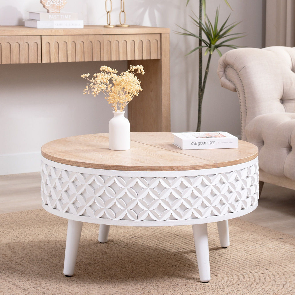 Round Coffee Table With Storage - White / Light Oak