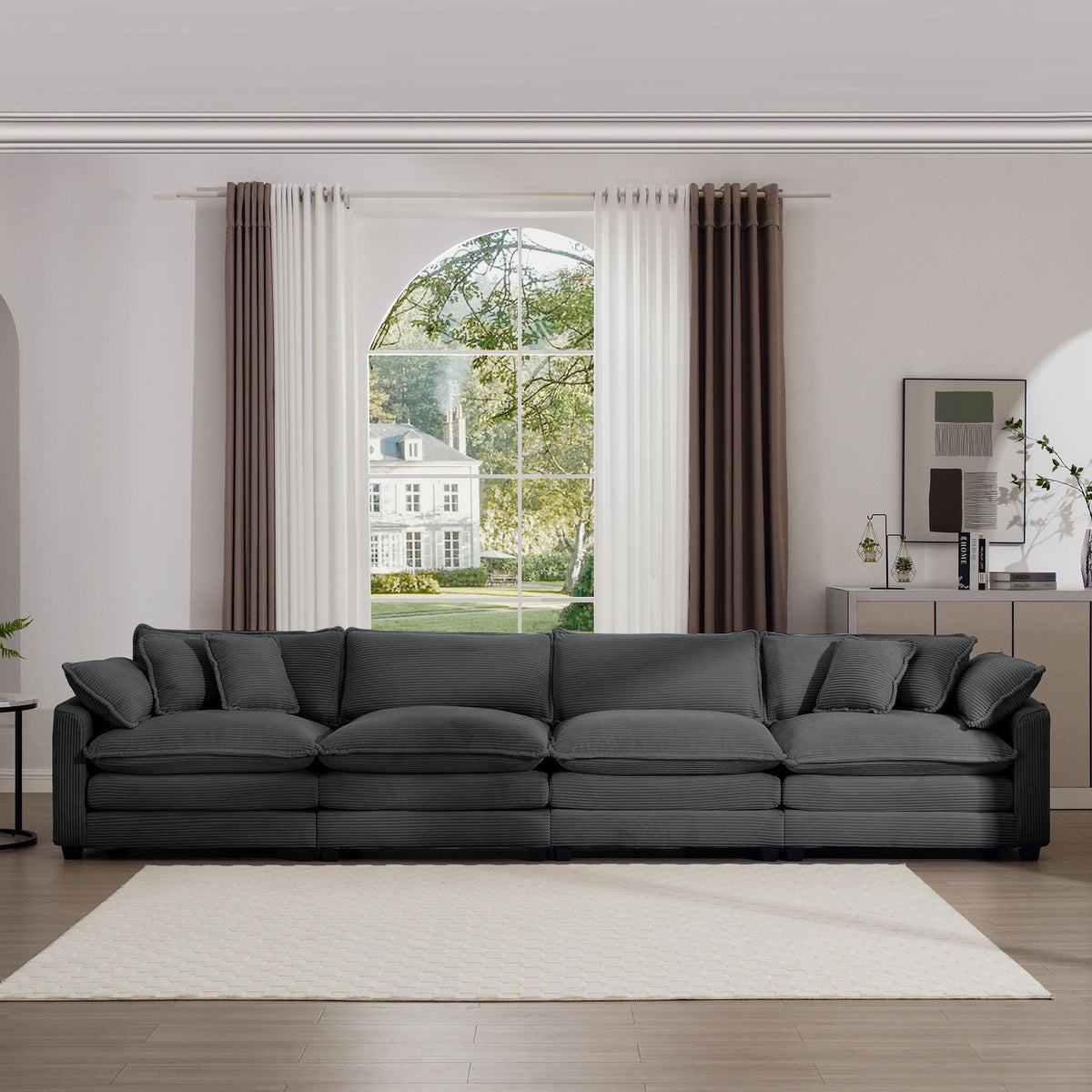 Modern Upholstered 4 Seater Fabric Sofa with Arm and Throw Pillows - Multiple Colors