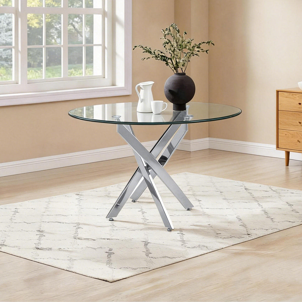 Modern Round Dining Table with Metal Frame - Pearl Silver, Gold, or White