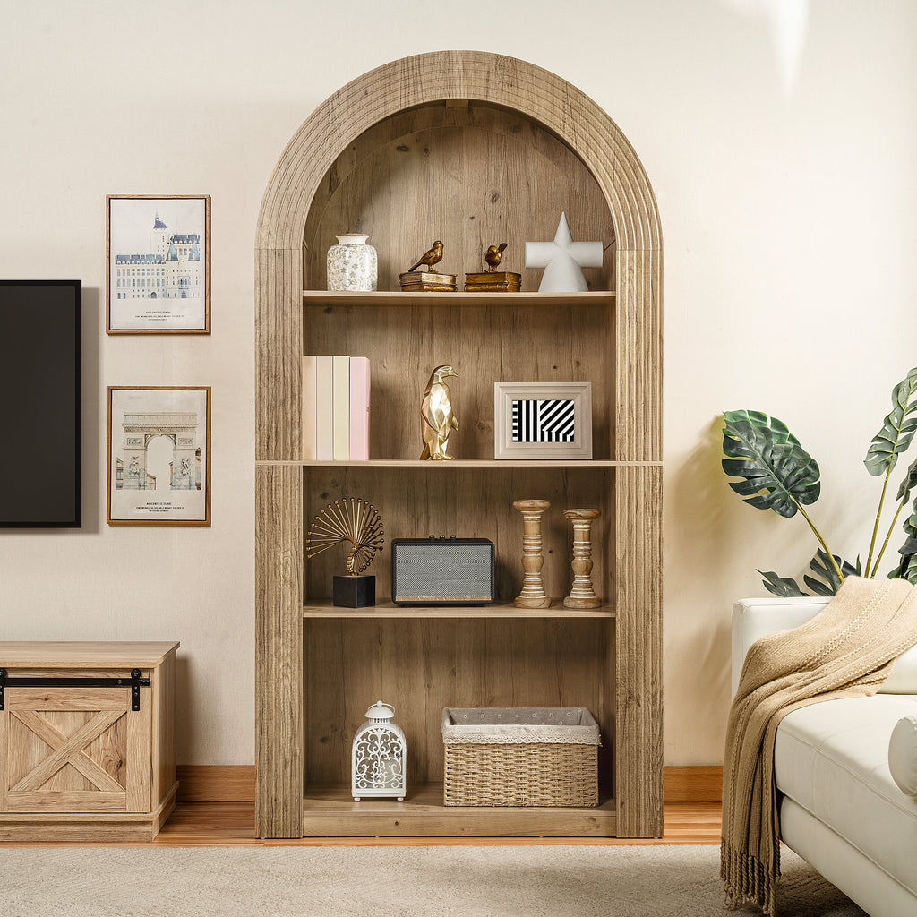 78.74" Tall Arched Bookcase with 4-Tier Shelving - Natural