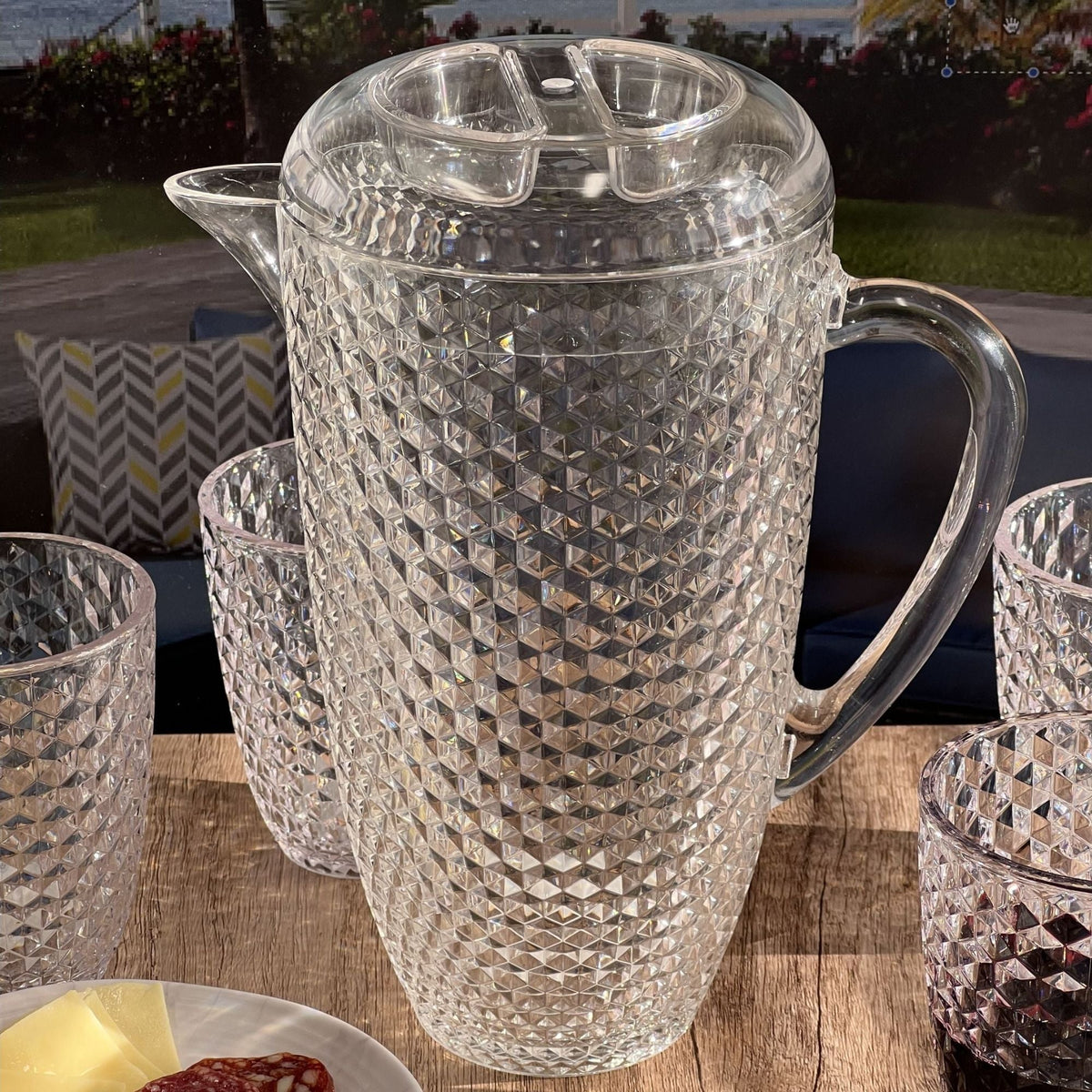 Diamond Cut Unbreakable Plastic Water Pitcher with Lid - Blue or Pink