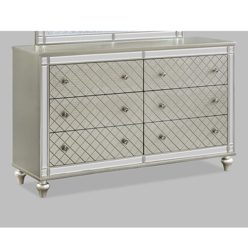 6 Drawer Bedroom Dresser with Diamond Patterned Drawer Fronts - Silver