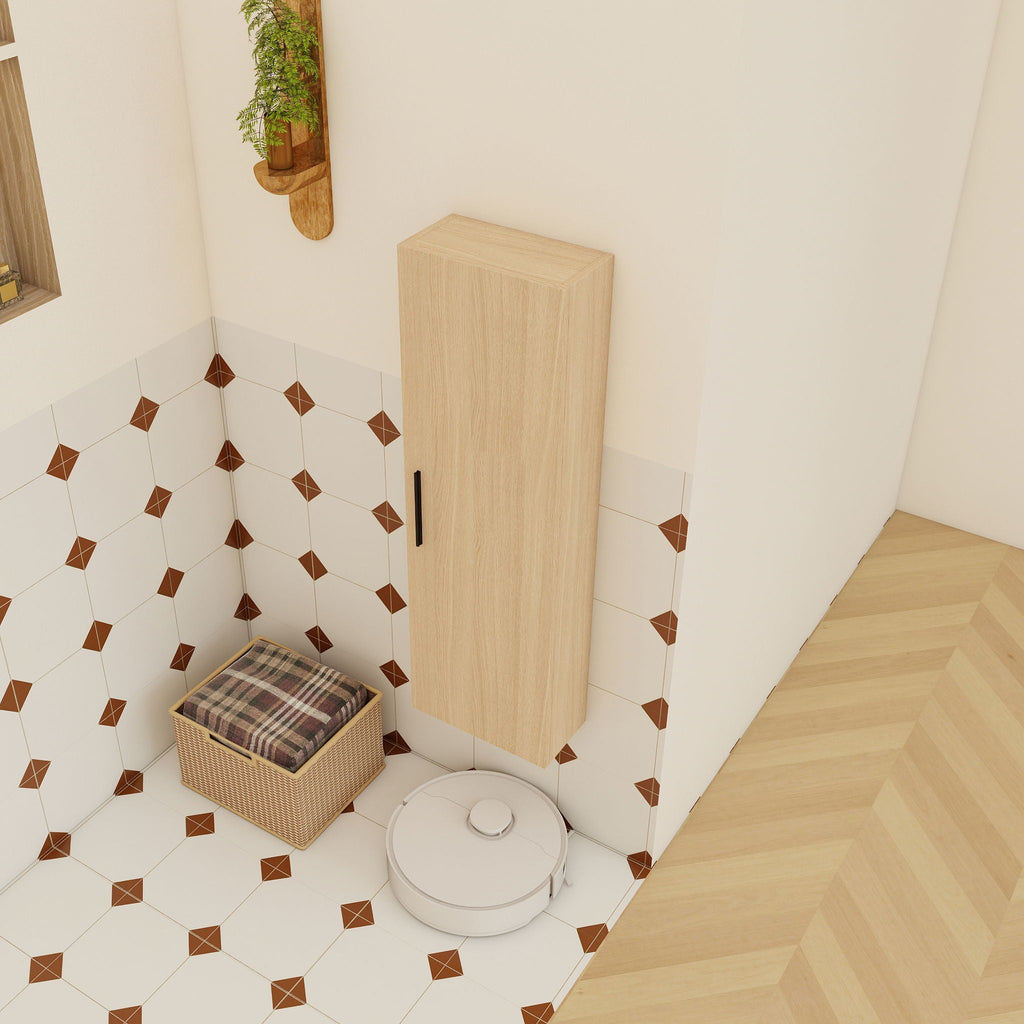 Tall Floating Bathroom Side Cabinet with Adjustable Shelving - Light Oak