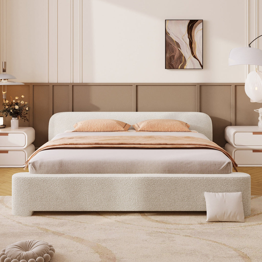 Cozy Upholstered Bed with Minimalist Frame - White Boucle