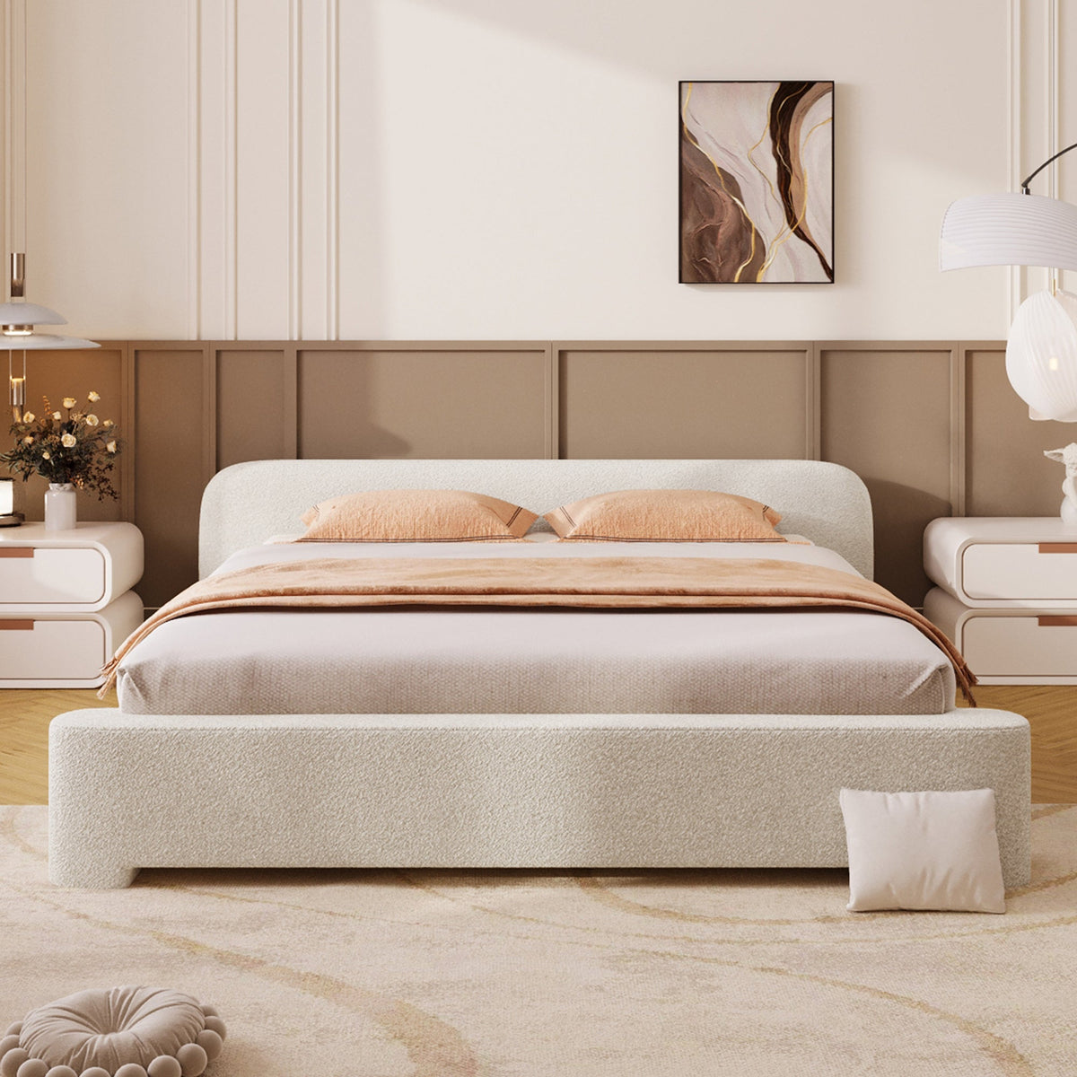 Cozy Upholstered Bed with Minimalist Frame - White Boucle