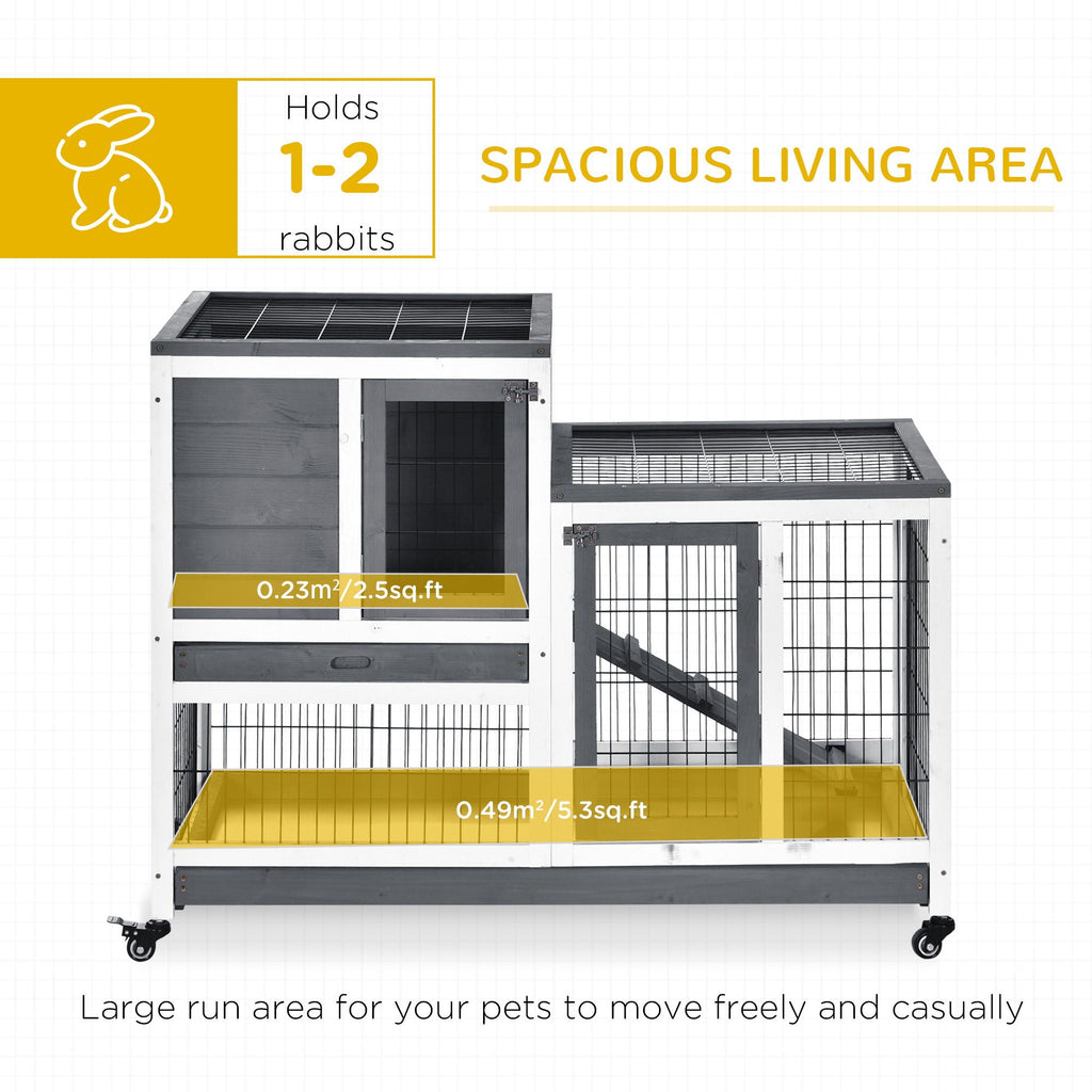 Wooden Rabbit Hutch with Wheels and Removable Tray - Gray