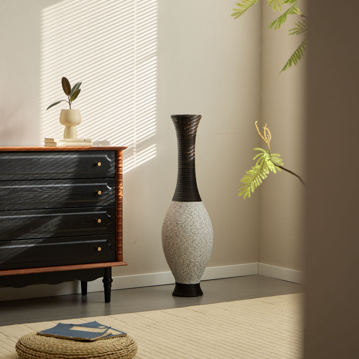 Tall Designer Floor Vase with Elegant 2 Tone - White or Dark Brown