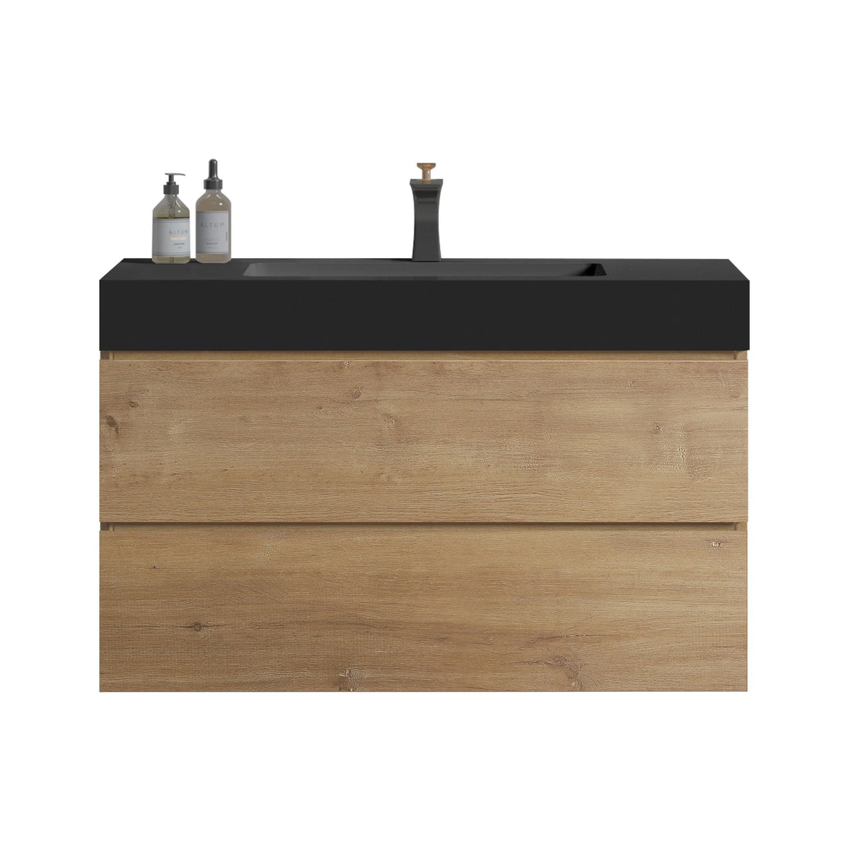 Natural Oak Bathroom Vanity with Floating Quartz Sink - Light Brown