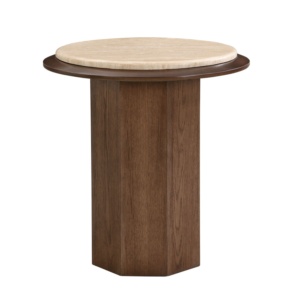 Walnut End Table with Travertine Top - Contemporary Design