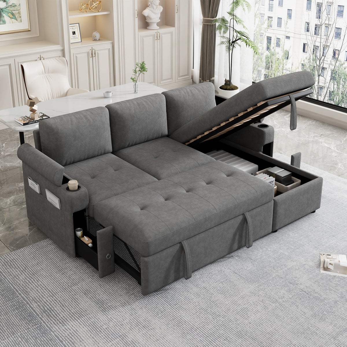 L-Shaped Sectional Sofa Bed with Storage & USB Ports - Chenille