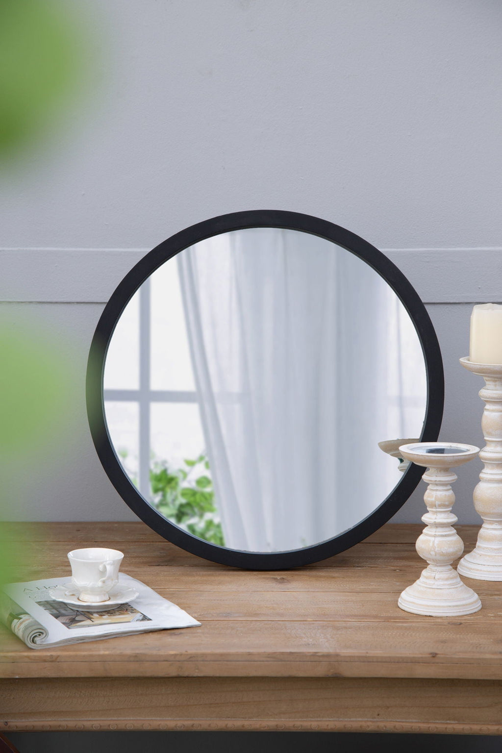 Circle Wall Mirror with Wooden Frame - Black, Light Brown, Dark Brown