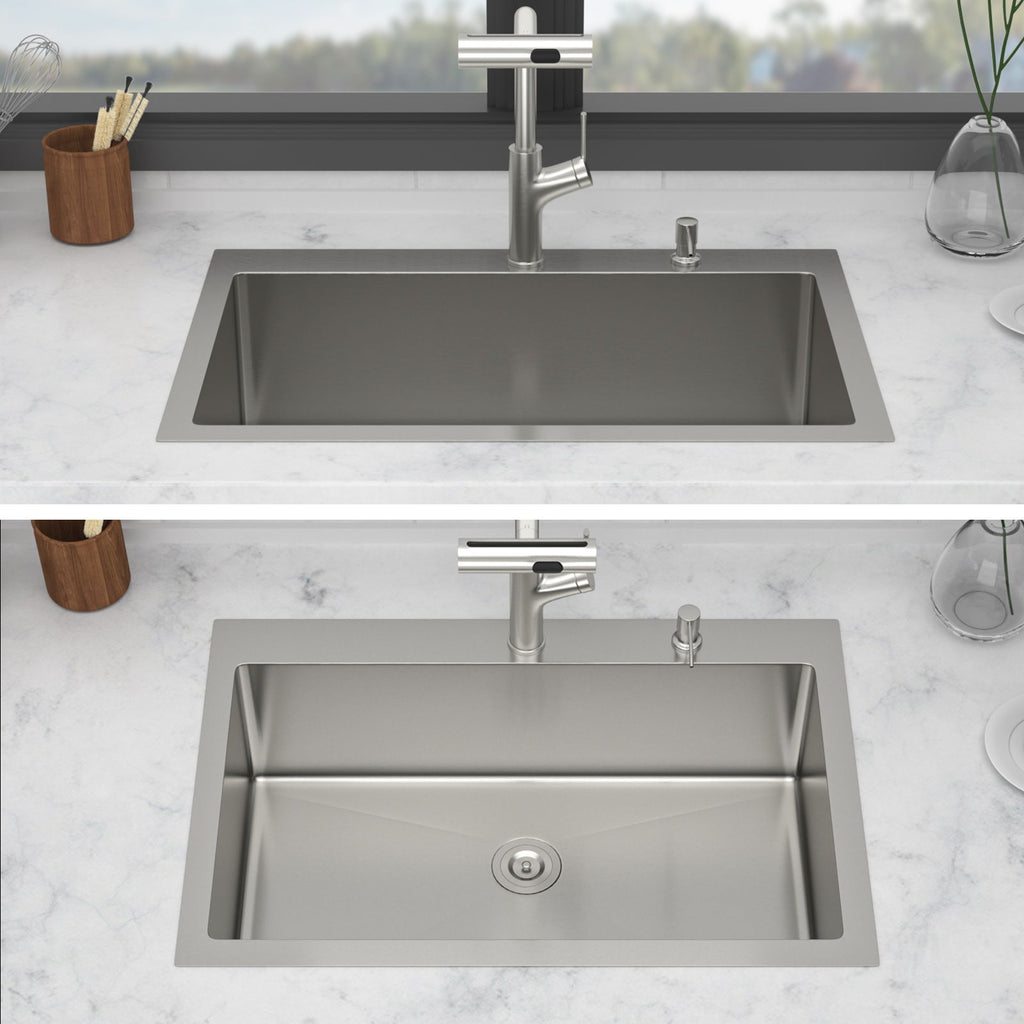 Brushed Nickel Drop-In Kitchen Sink with Pull-Out Faucet and Soap Dispenser - Gray