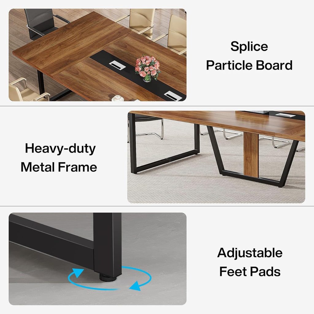 Conference Table for 8–10 People with Cable Management - Brown / Black