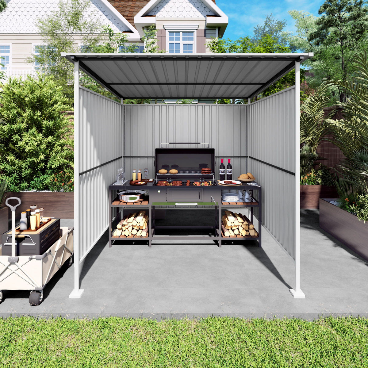 Outdoor Pergola Bike Storage Shed with Galvanized Steel Roof - Gray