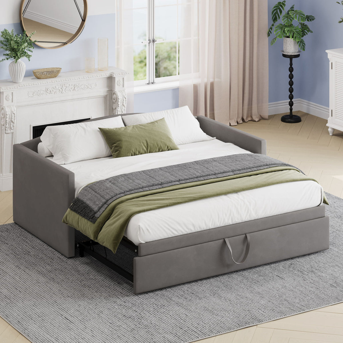 Upholstered Daybed With Pop Up Trundle Sofa Bed - Space Saving, Durable Frame - Gray or Pink