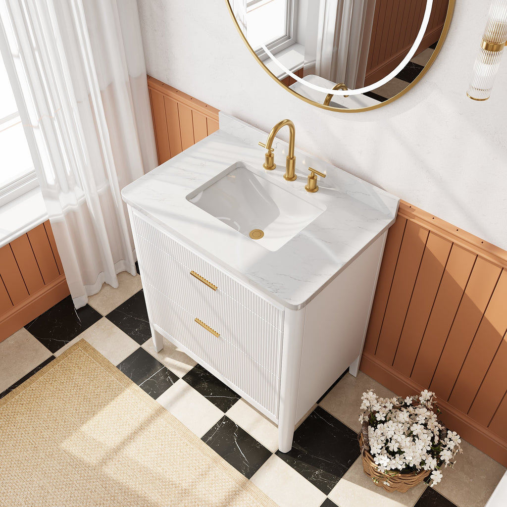 Fully Assembled 30'' Bathroom Vanity with Engineered Marble Top - White