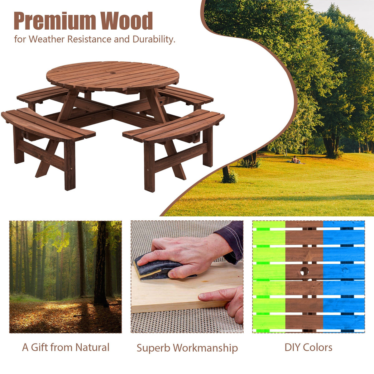 8 Person Wooden Picnic Table with Umbrella Hole - Brown