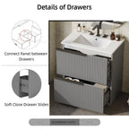 Fluted Bathroom Vanity with Ceramic Sink and Moisture-Proof Cabinet - 30" Wide