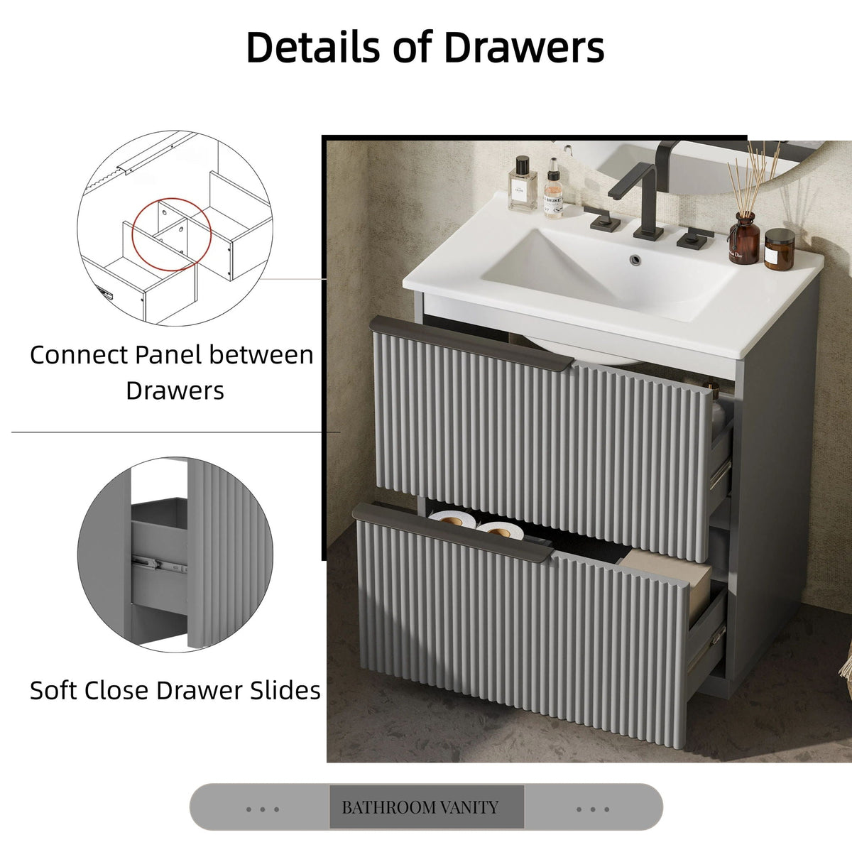 Fluted Bathroom Vanity with Ceramic Sink and Moisture-Proof Cabinet - 30" Wide