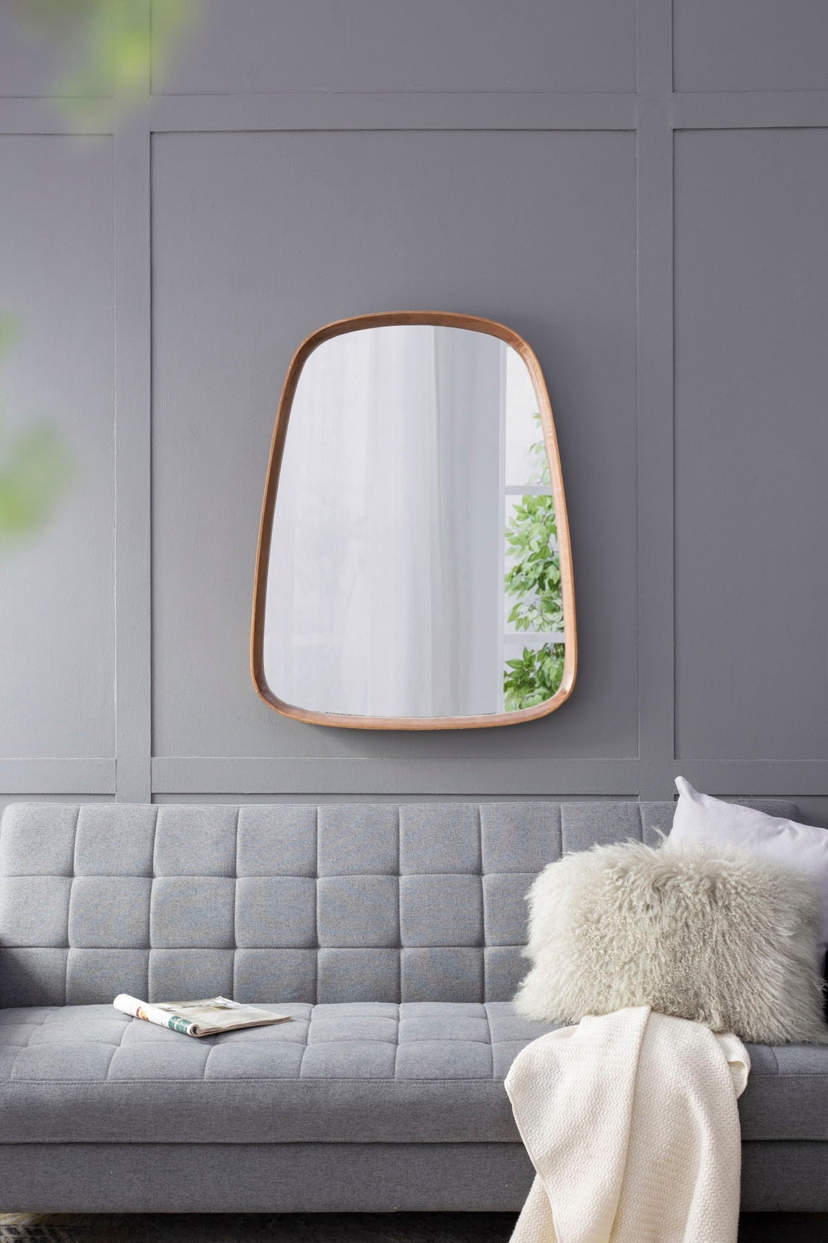 Irregular Wood Frame Wall Mirror with Curved Edges - Brown