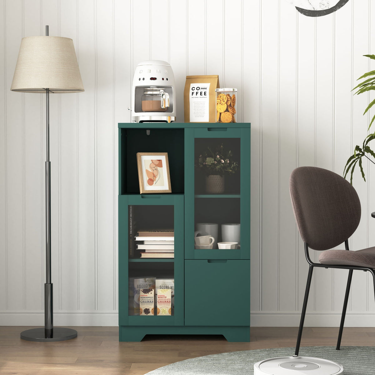 Modern Cabinet with Glass Doors and Drawer - Adjustable Shelves - Multiple Colors