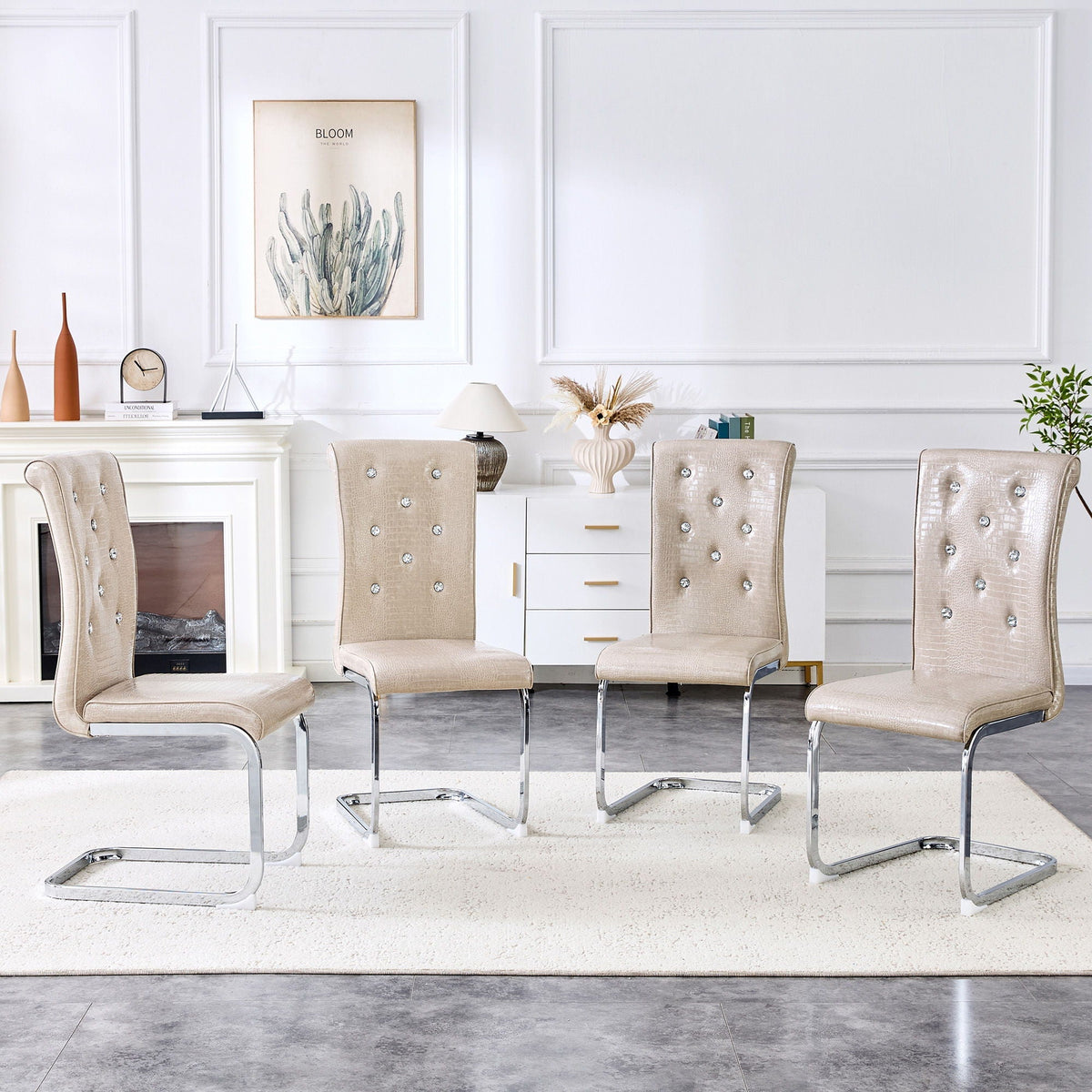 Elegant Design Upholstered Dining Chairs with Crystal Details - Multiple Colors
