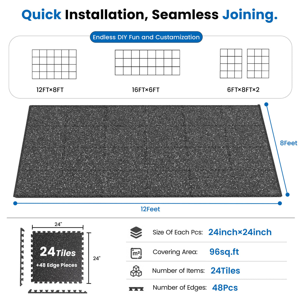 0.6 Inch Thick Gym Floor Mats with EVA Foam - Black