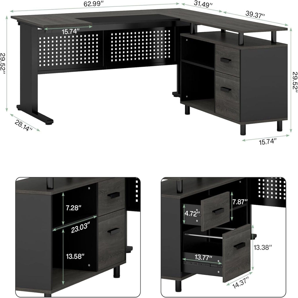 L-Shaped Executive Desk with File Cabinet and Storage Drawers - Light Brown or Dark Gray