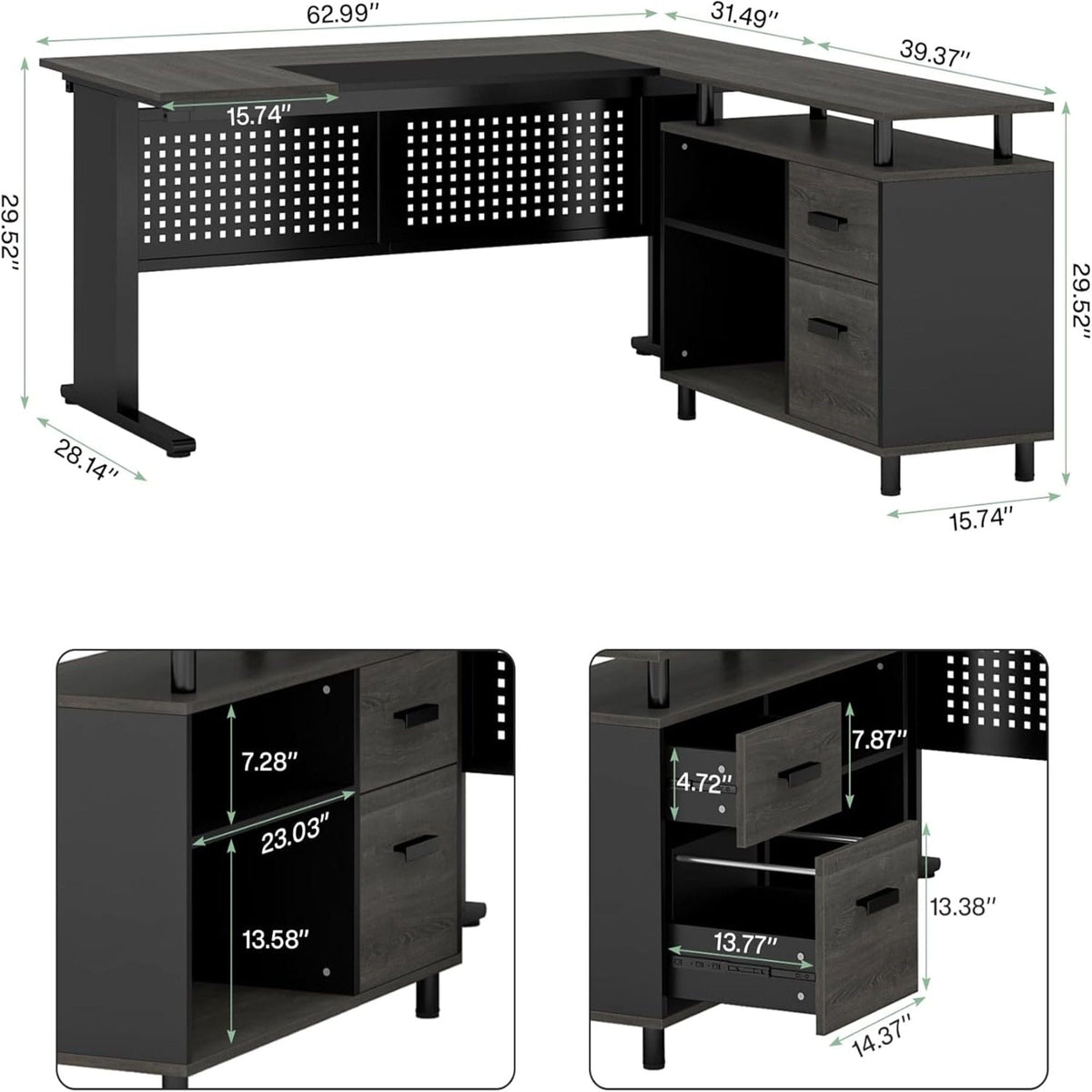 L-Shaped Executive Desk with File Cabinet and Storage Drawers - Light Brown or Dark Gray