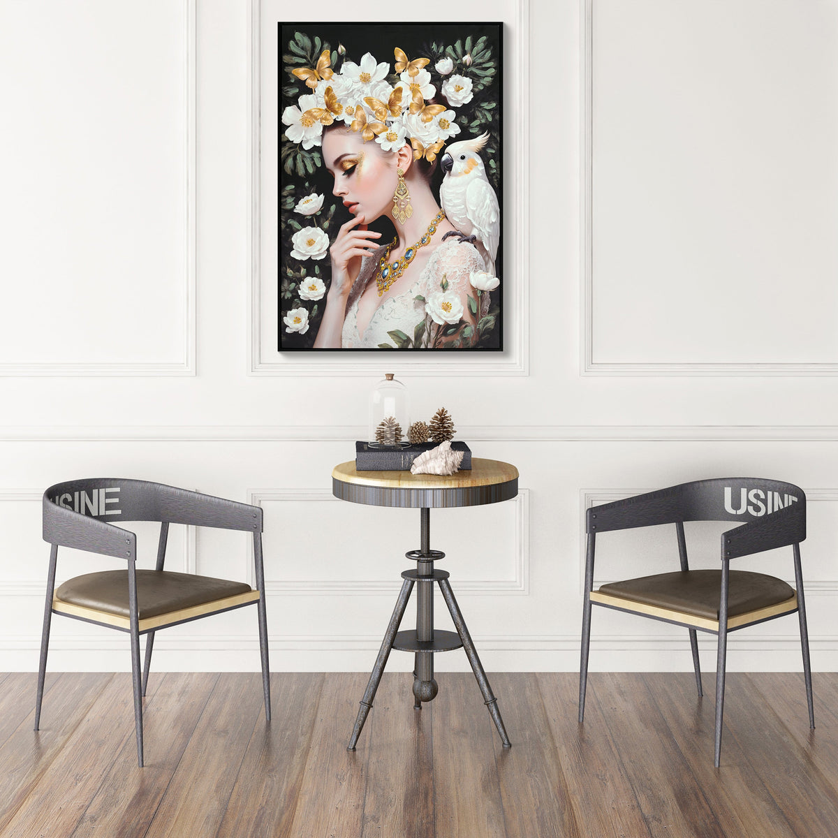 Beauty Lady Wall Art with Gold and White Floral Canvas - Ivory & Gold