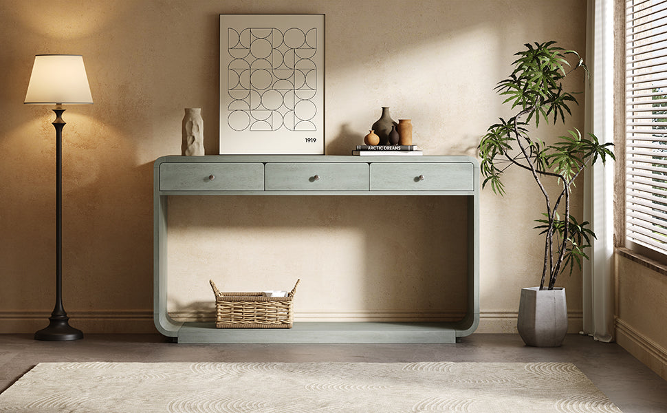 Antique-Style Console Table with 3 Storage Drawers - Blue, Natural, Beige