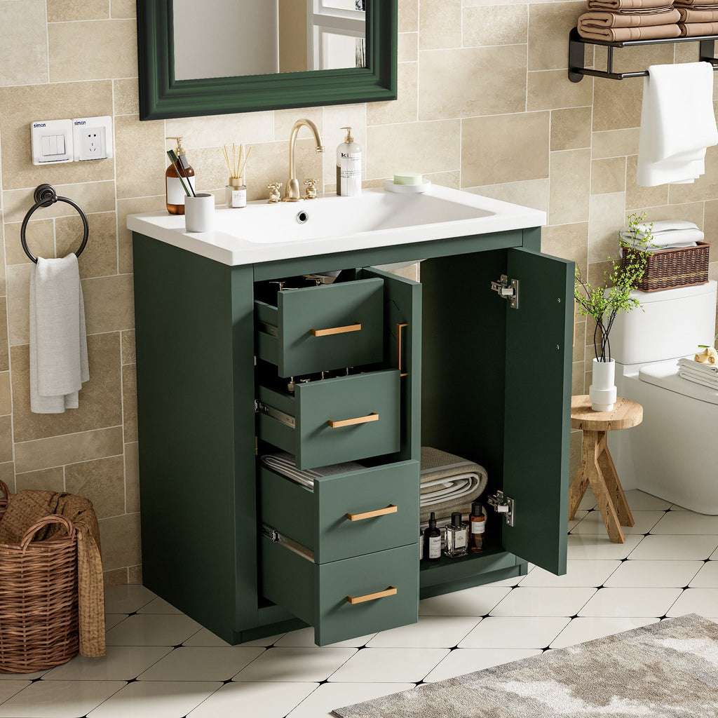 Ceramic Sink Vanity Combo with 3 Drawers and Soft Closing Doors - 30"