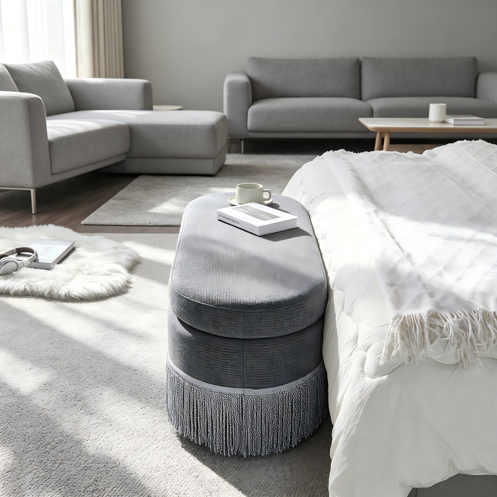 Oval Upholstered Storage Ottoman with Fringe Trim - Multi-Functional Ottoman
