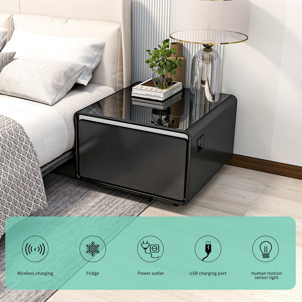 Modern Smart Side Table with Built-In Fridge and Wireless Charging - Black or White