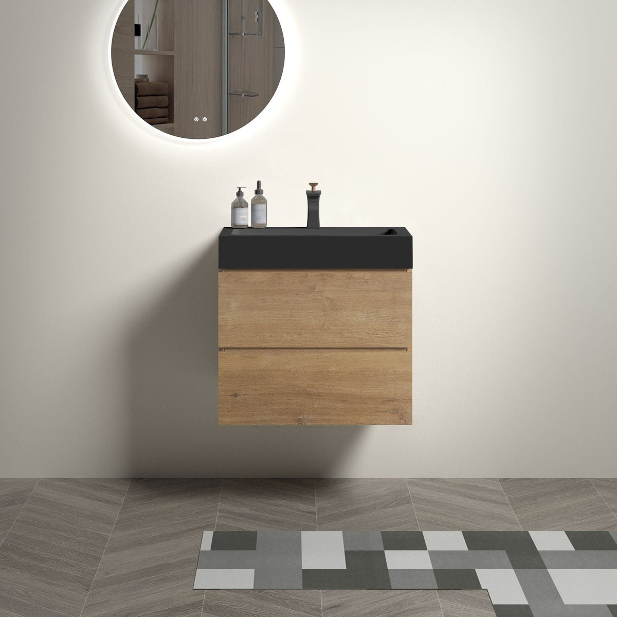 Natural Oak Bathroom Vanity with Floating Quartz Sink - Light Brown