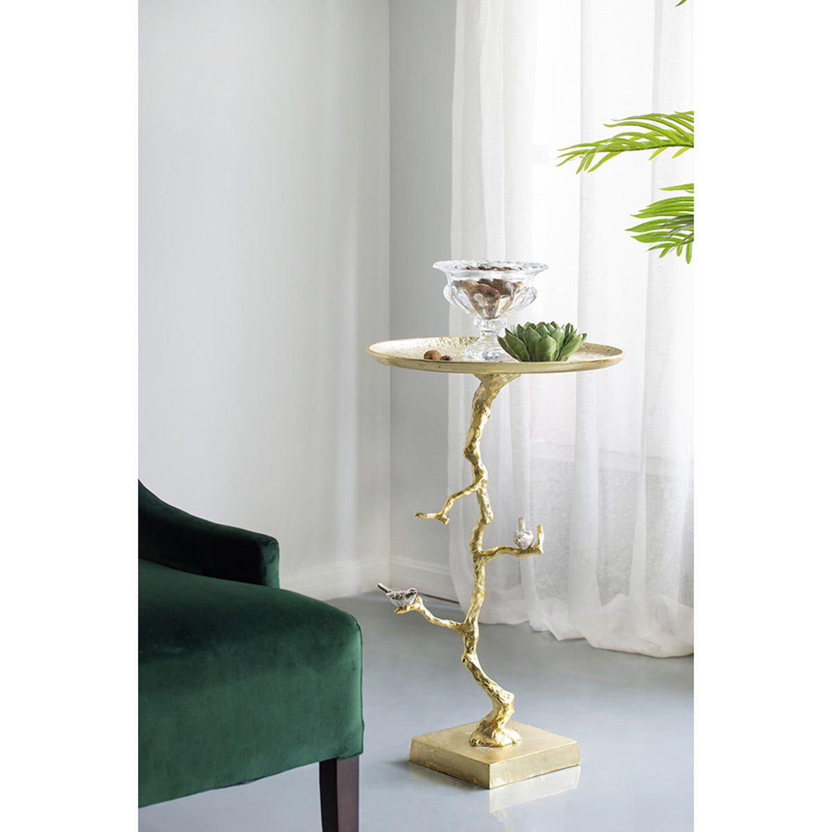 Contemporary Shiny Side Table with Tree Branch Design - Gold