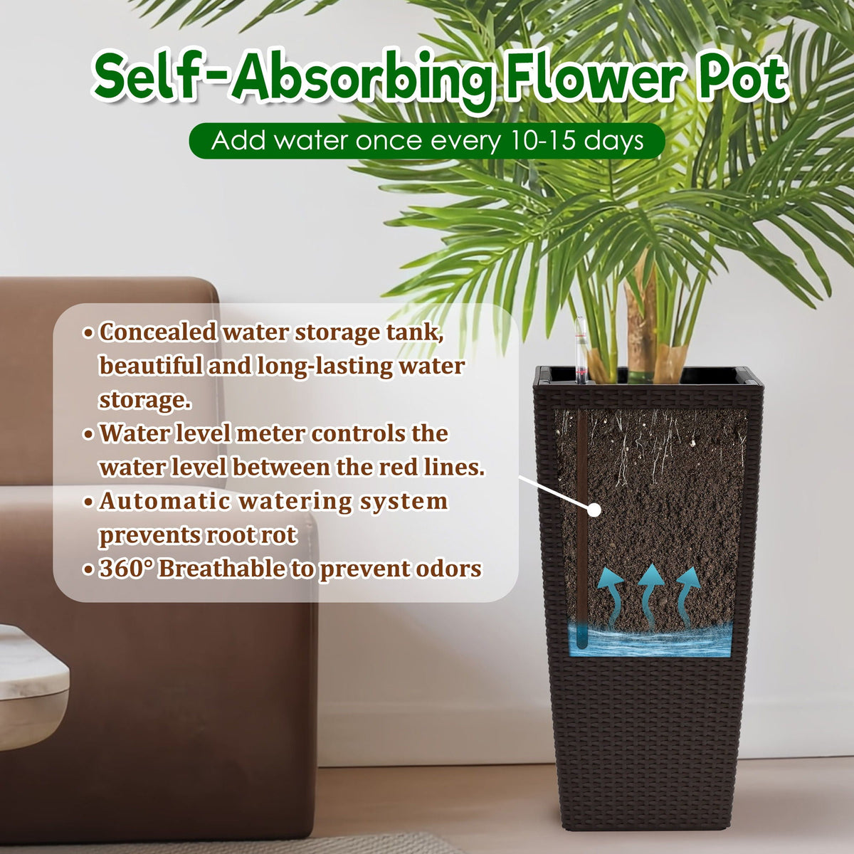 Indoor Outdoor Planter with Automatic Watering System - Dark Brown, Black, or White