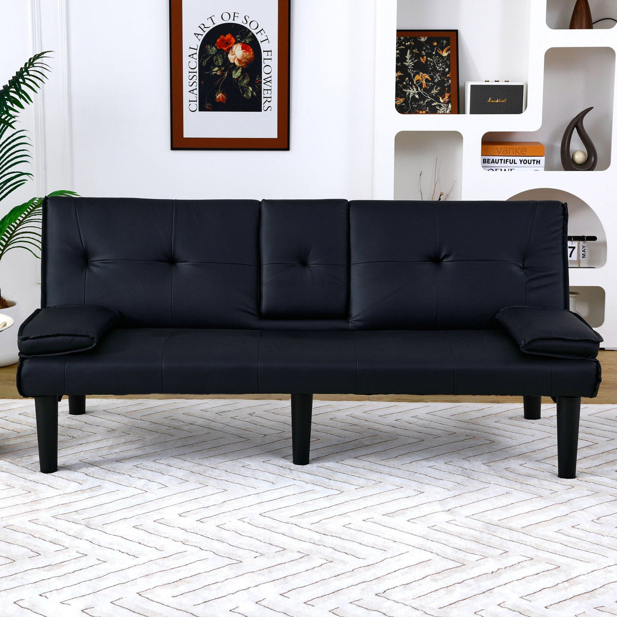 Foldable Sofa Bed with Cup Holder and Solid Wood Frame - Multiple Colors