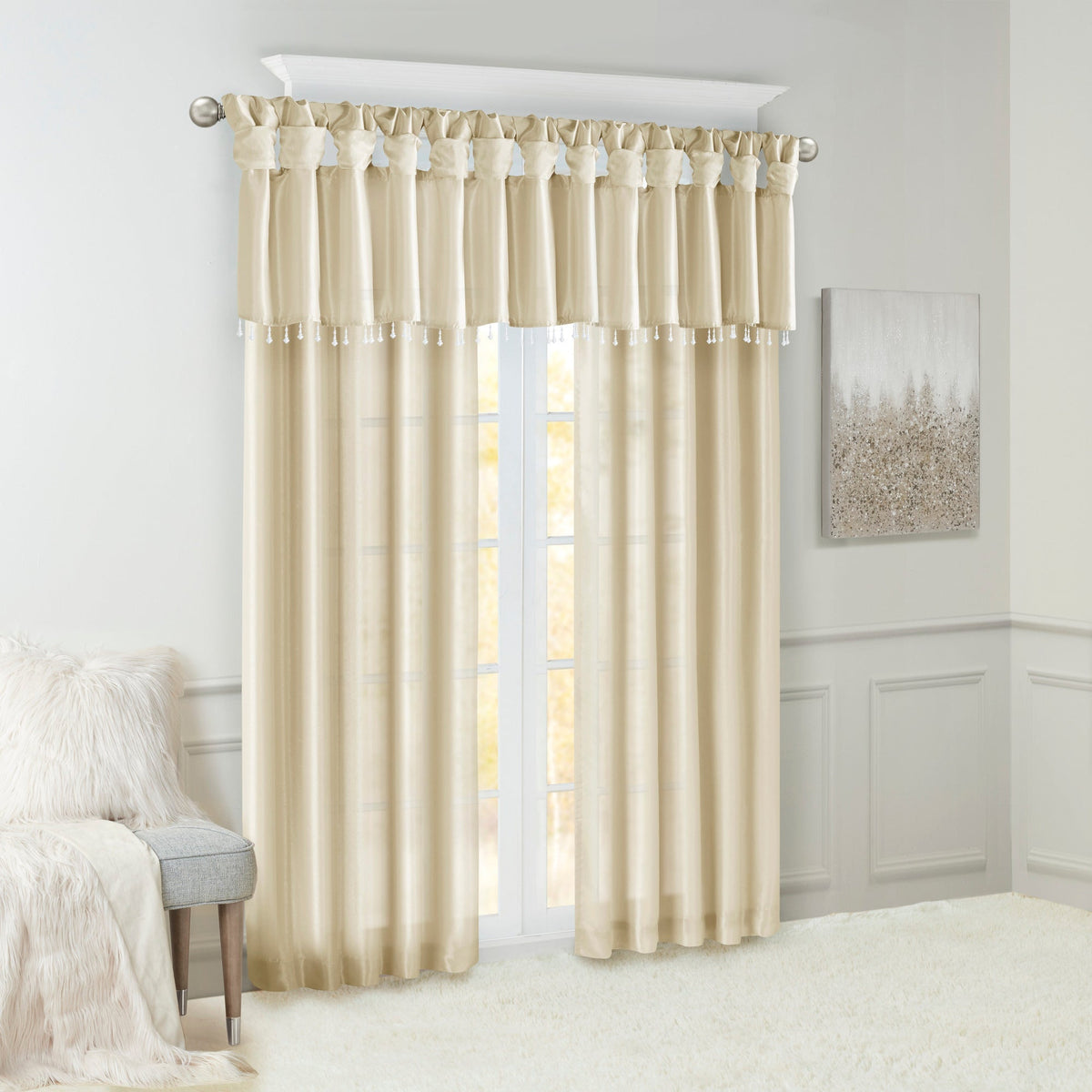 Champagne Twist Tab Lined Window Curtain Panel with Faux Silk Finish - 50" x 95"