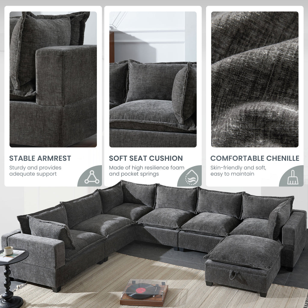 Modular Sectional Sofa with Movable Storage Ottoman - Chenille